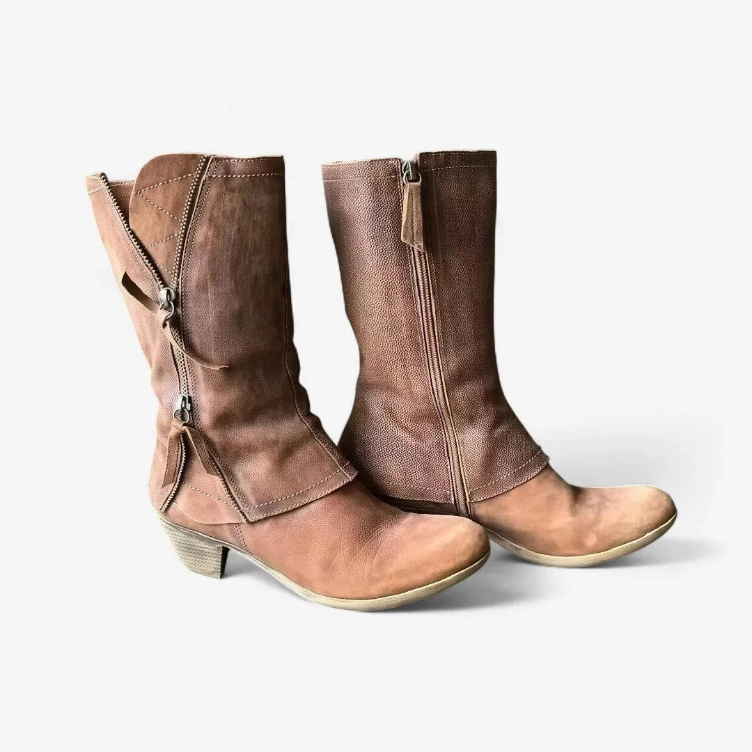 Women's suede side zip heeled boots with front zipper
