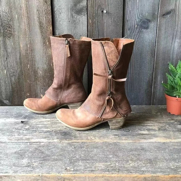 Women's suede side zip heeled boots with front zipper