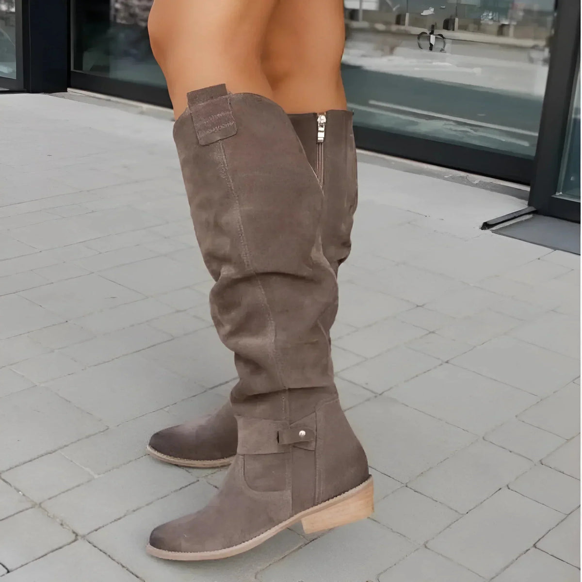 Women's suede side zip knee high boots with slouchy shaft and block heel