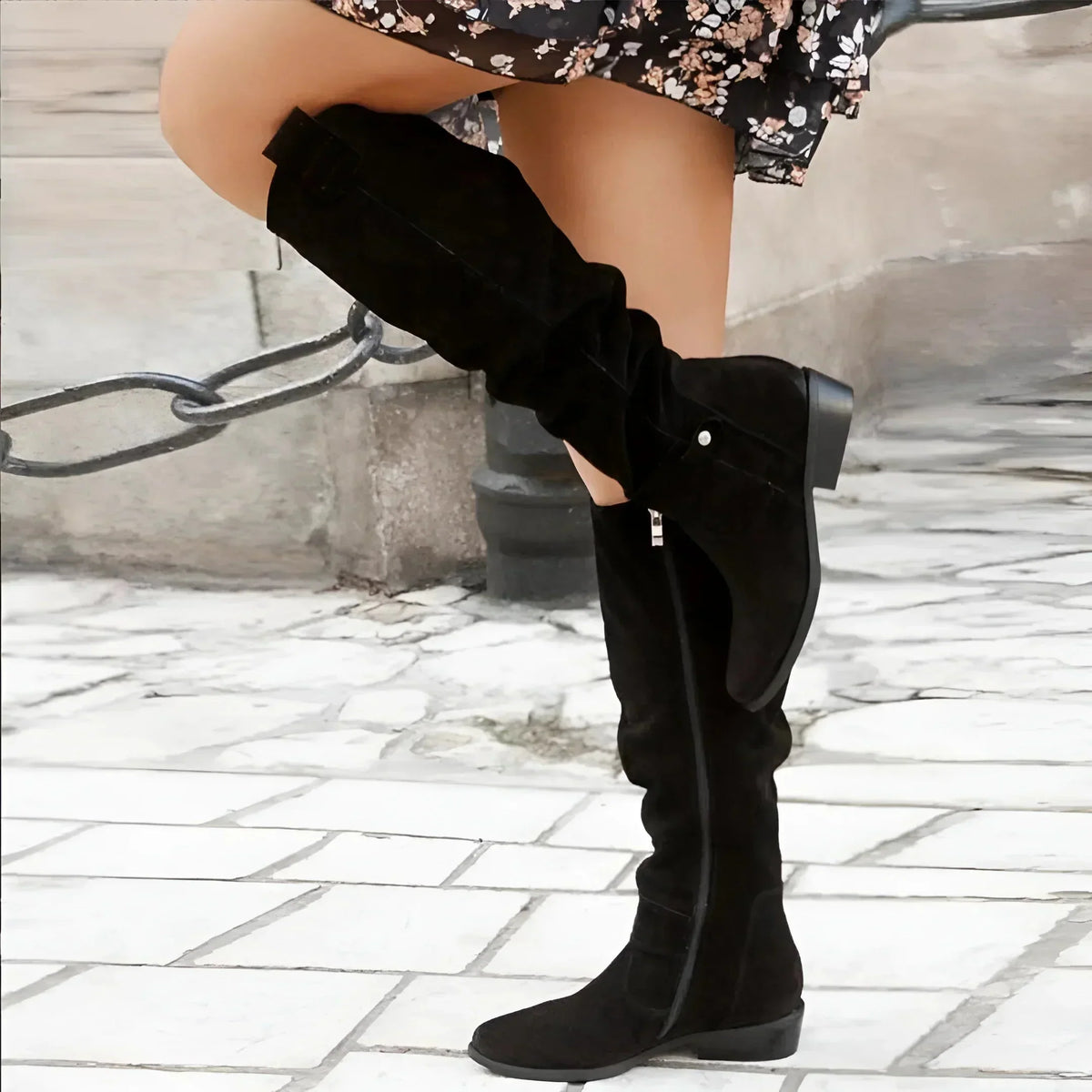Women's suede side zip knee high boots with slouchy shaft and block heel