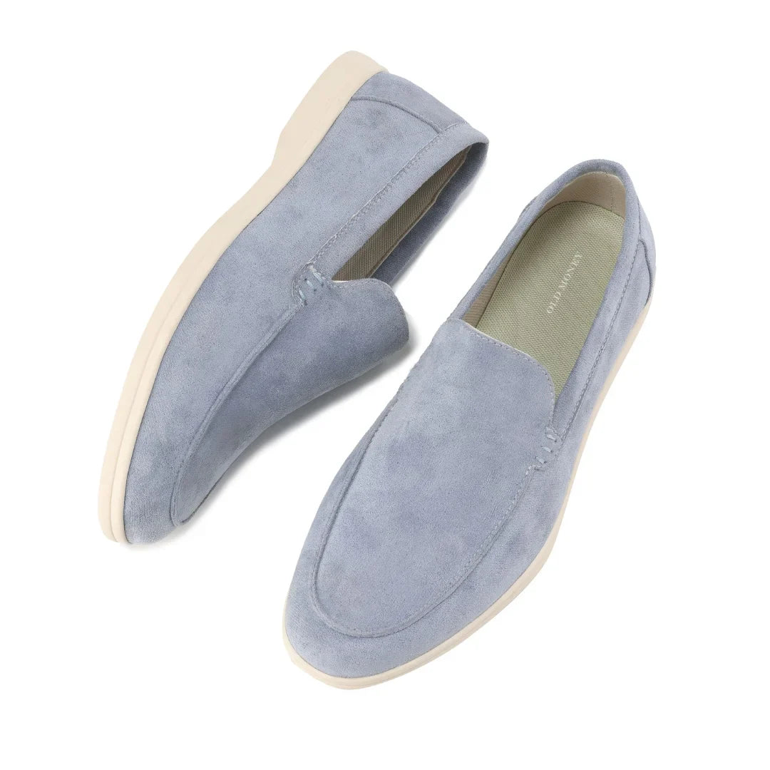 Women's suede loafers with moccasin toe stitching