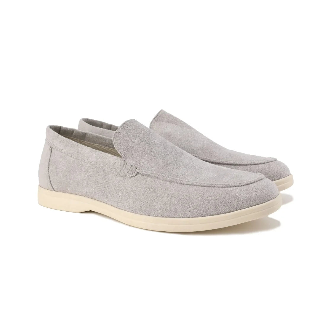 Women's suede loafers with moccasin toe stitching