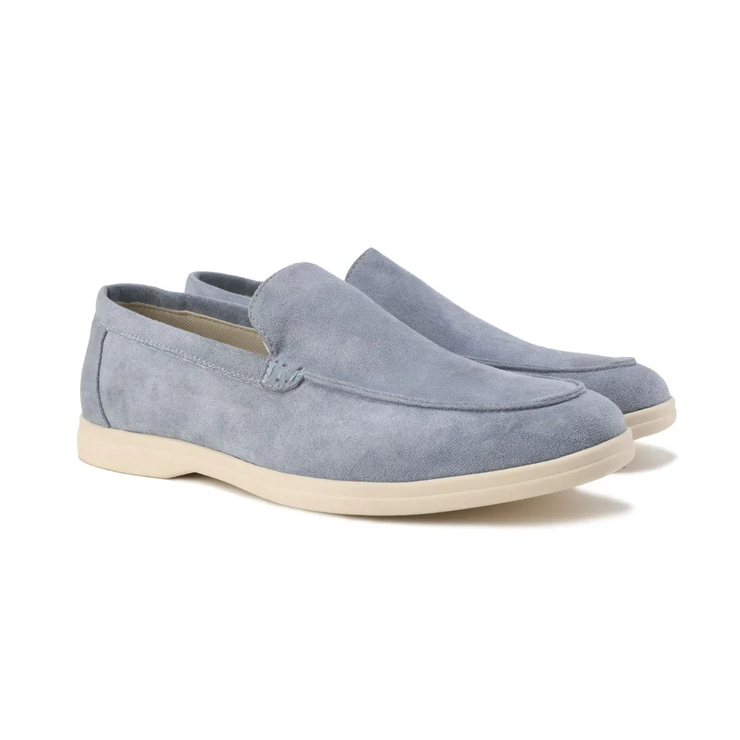 Women's suede loafers with moccasin toe stitching
