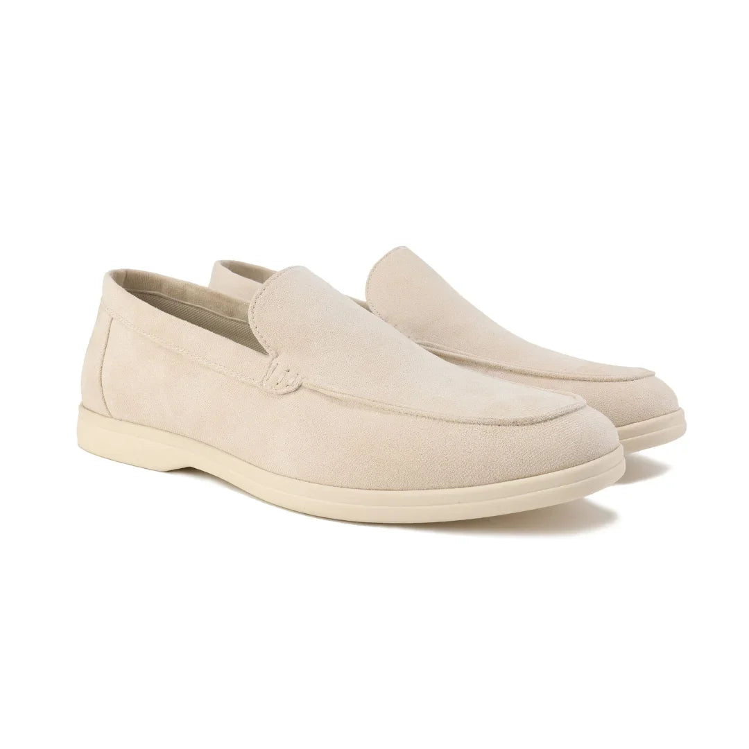 Women's suede loafers with moccasin toe stitching