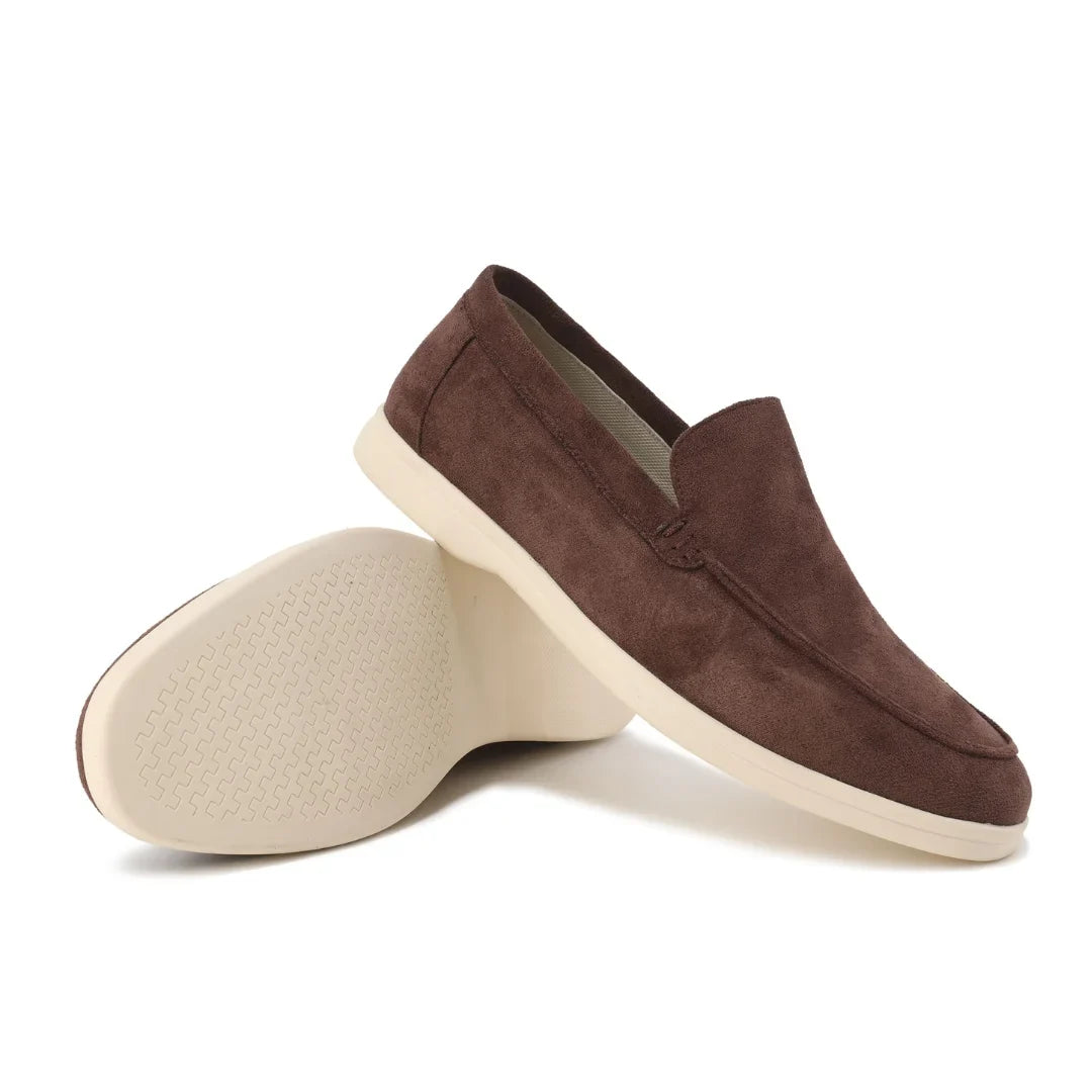 Women's suede loafers with moccasin toe stitching