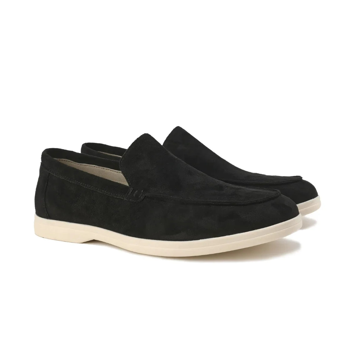 Women's suede loafers with moccasin toe stitching