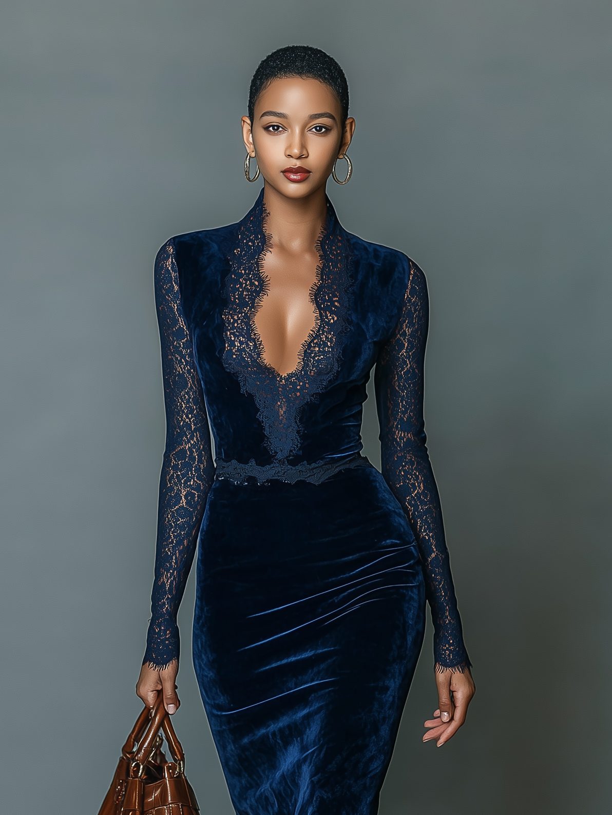 Suzette | Velvet Midi Cocktail Dress with Lace Trim for Women
