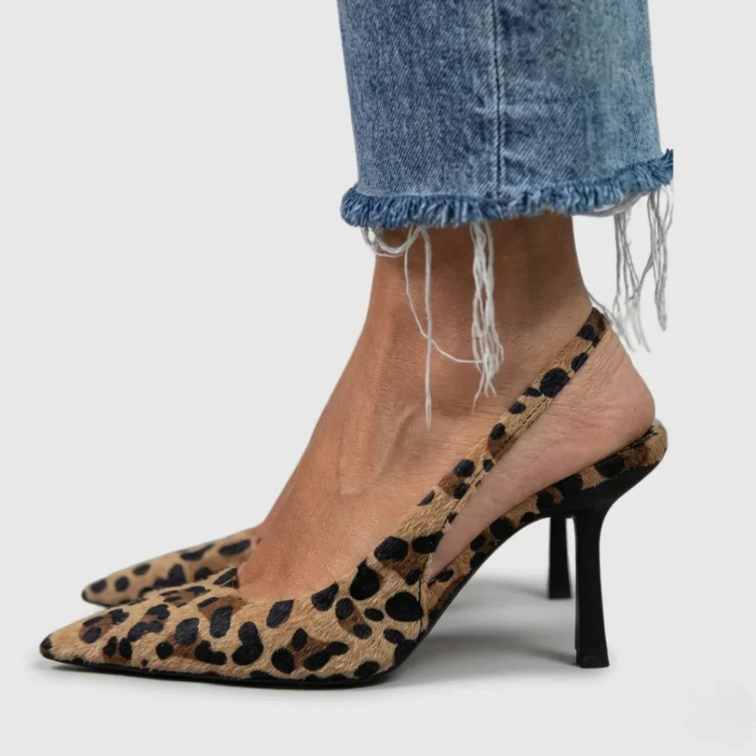 Sylvia | Women's Pointed Toe Leopard Print Stiletto Slingback Heels with Ankle Strap