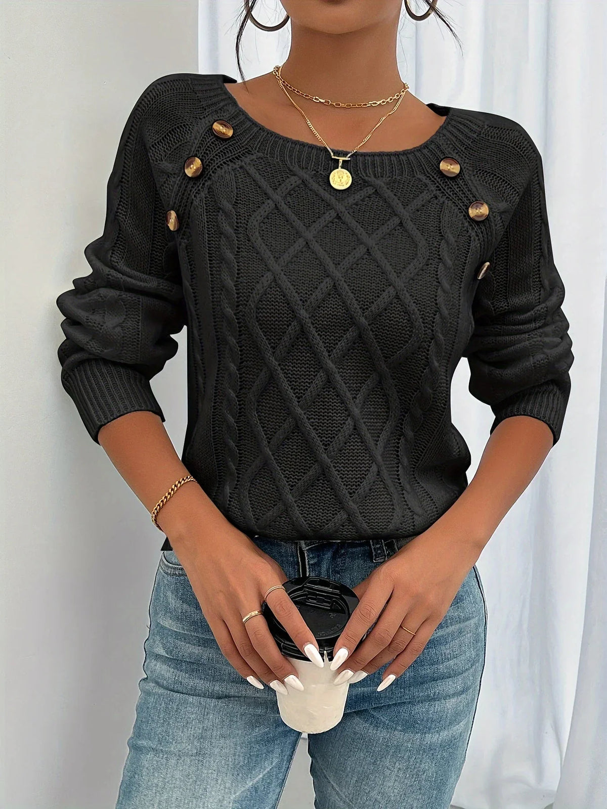Sylvia | Women's Ribbed Cable Knit Sweater with Button Shoulder and Long Sleeves