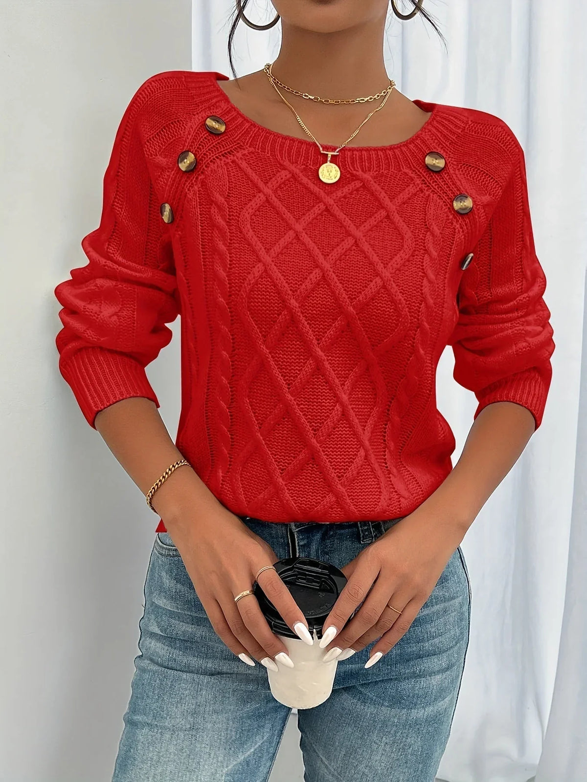 Sylvia | Women's Ribbed Cable Knit Sweater with Button Shoulder and Long Sleeves