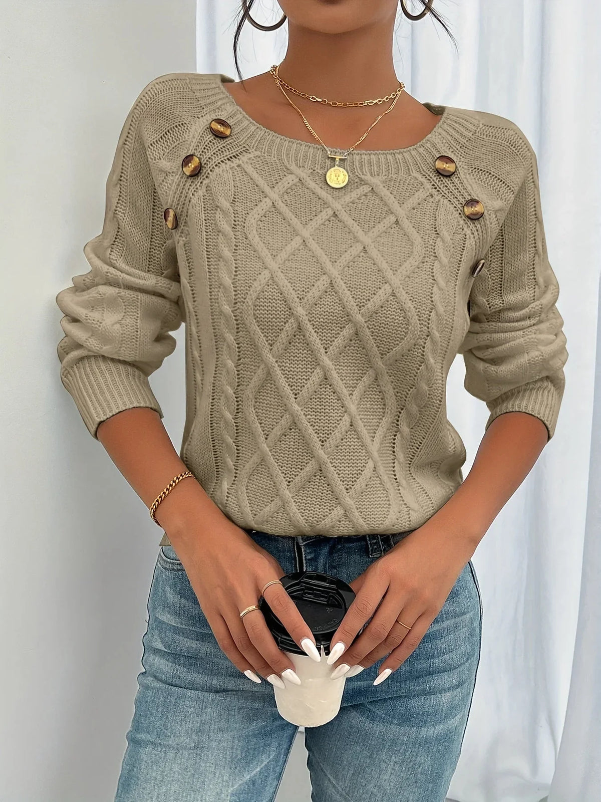 Sylvia | Women's Ribbed Cable Knit Sweater with Button Shoulder and Long Sleeves