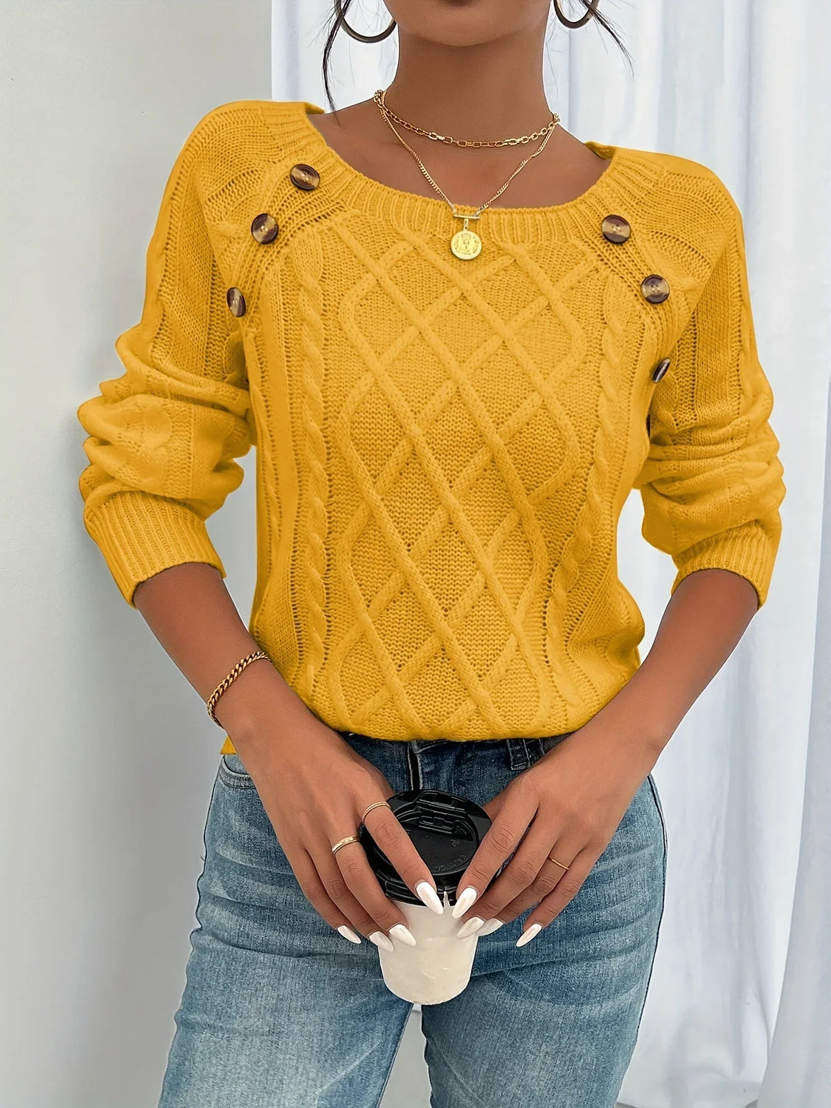Sylvia | Women's Ribbed Cable Knit Sweater with Button Shoulder and Long Sleeves