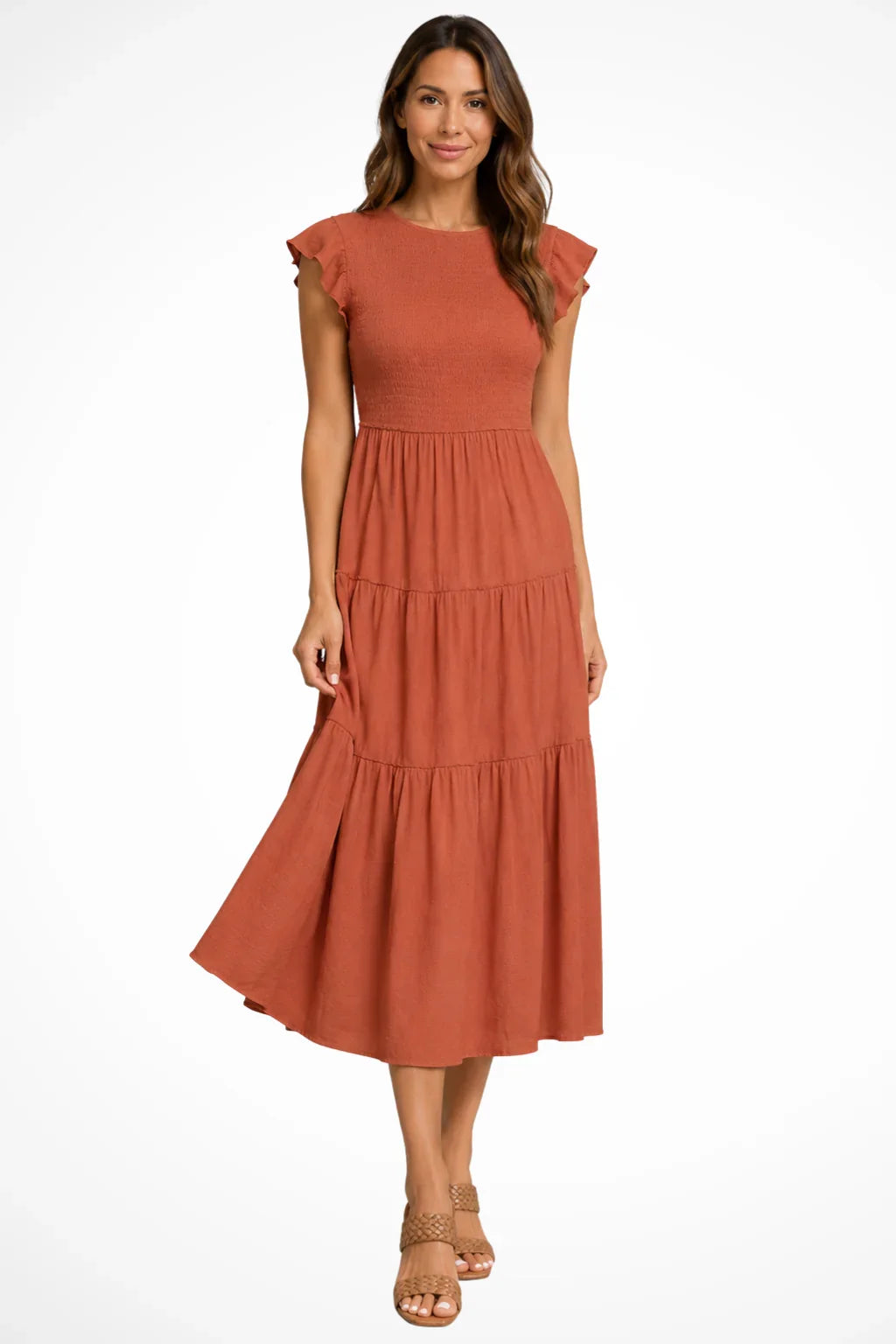 Tabitha | Women's Tiered Flutter Sleeve Summer Beach Midi Dress with Shirred Bodice
