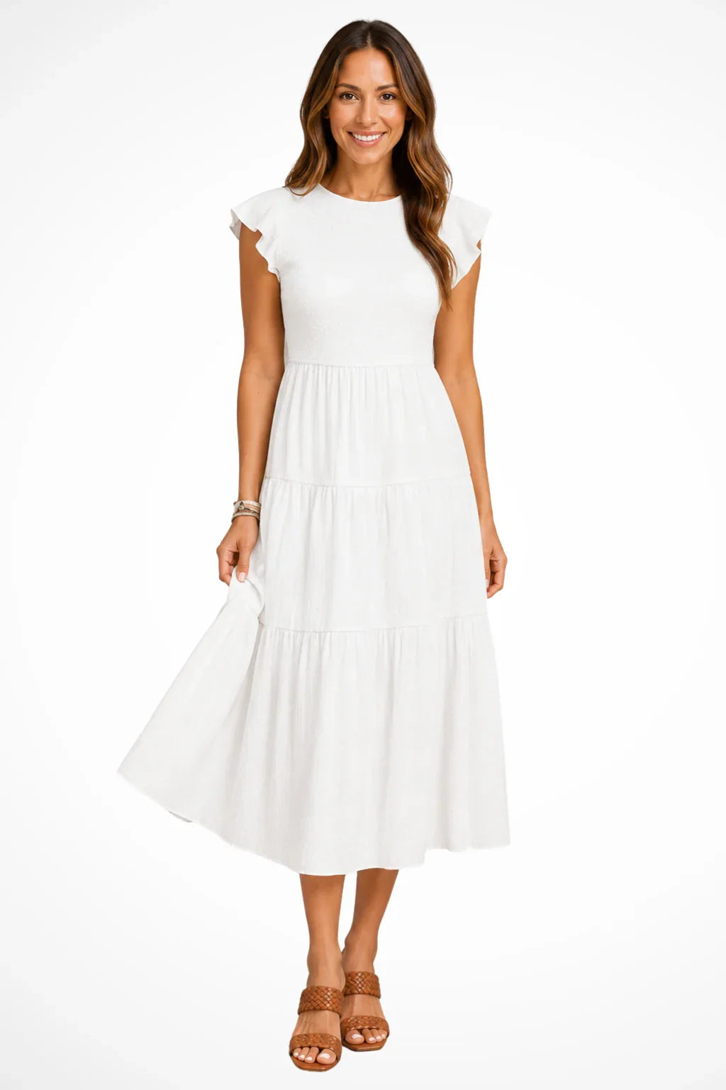 Tabitha | Women's Tiered Flutter Sleeve Summer Beach Midi Dress with Shirred Bodice
