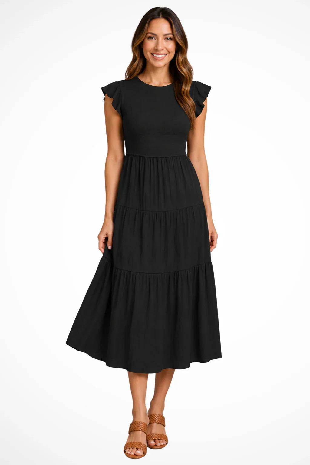 Tabitha | Women's Tiered Flutter Sleeve Summer Beach Midi Dress with Shirred Bodice