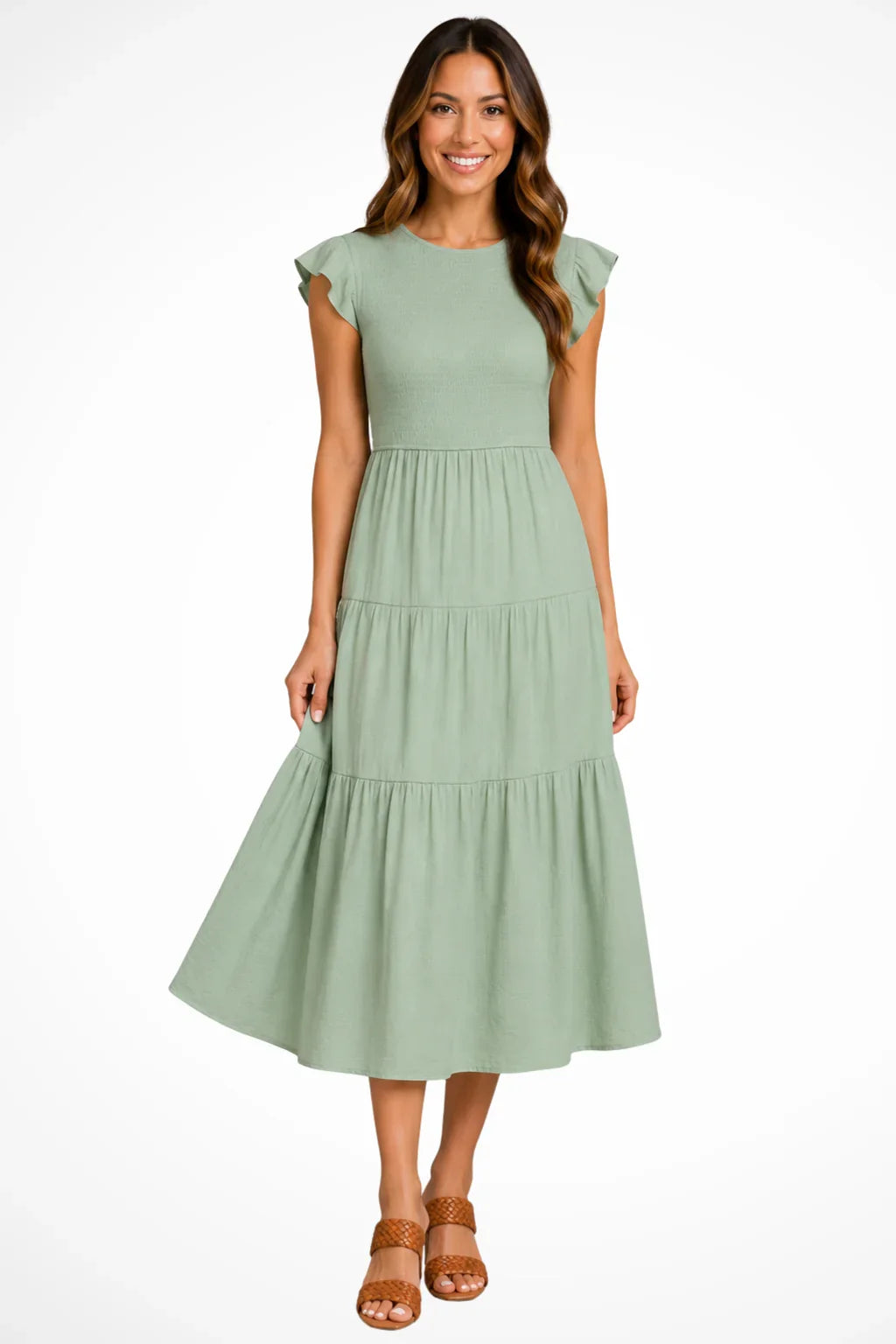 Tabitha | Women's Tiered Flutter Sleeve Summer Beach Midi Dress with Shirred Bodice