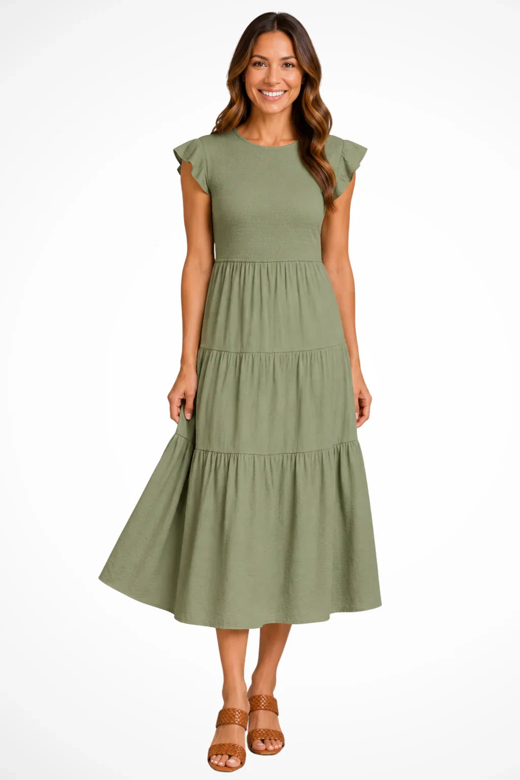 Tabitha | Women's Tiered Flutter Sleeve Summer Beach Midi Dress with Shirred Bodice