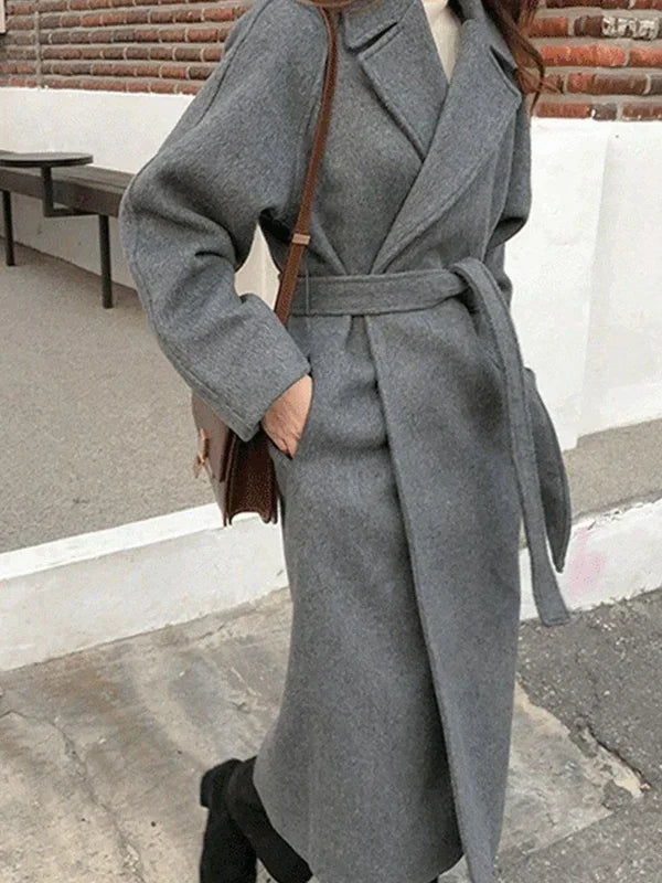 Women's Long Wrap Coat, Wide Lapels, Tie Belt, Long Sleeves