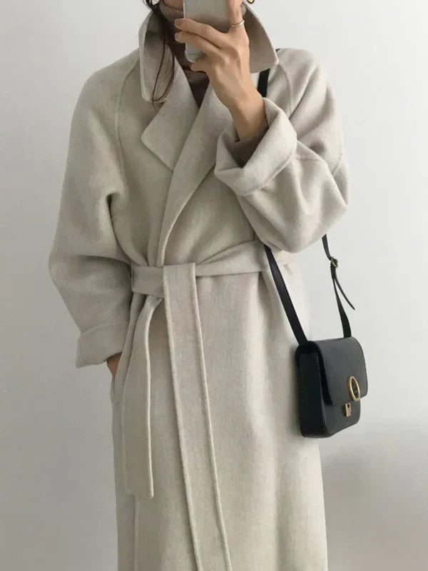 Women's Long Wrap Coat, Wide Lapels, Tie Belt, Long Sleeves