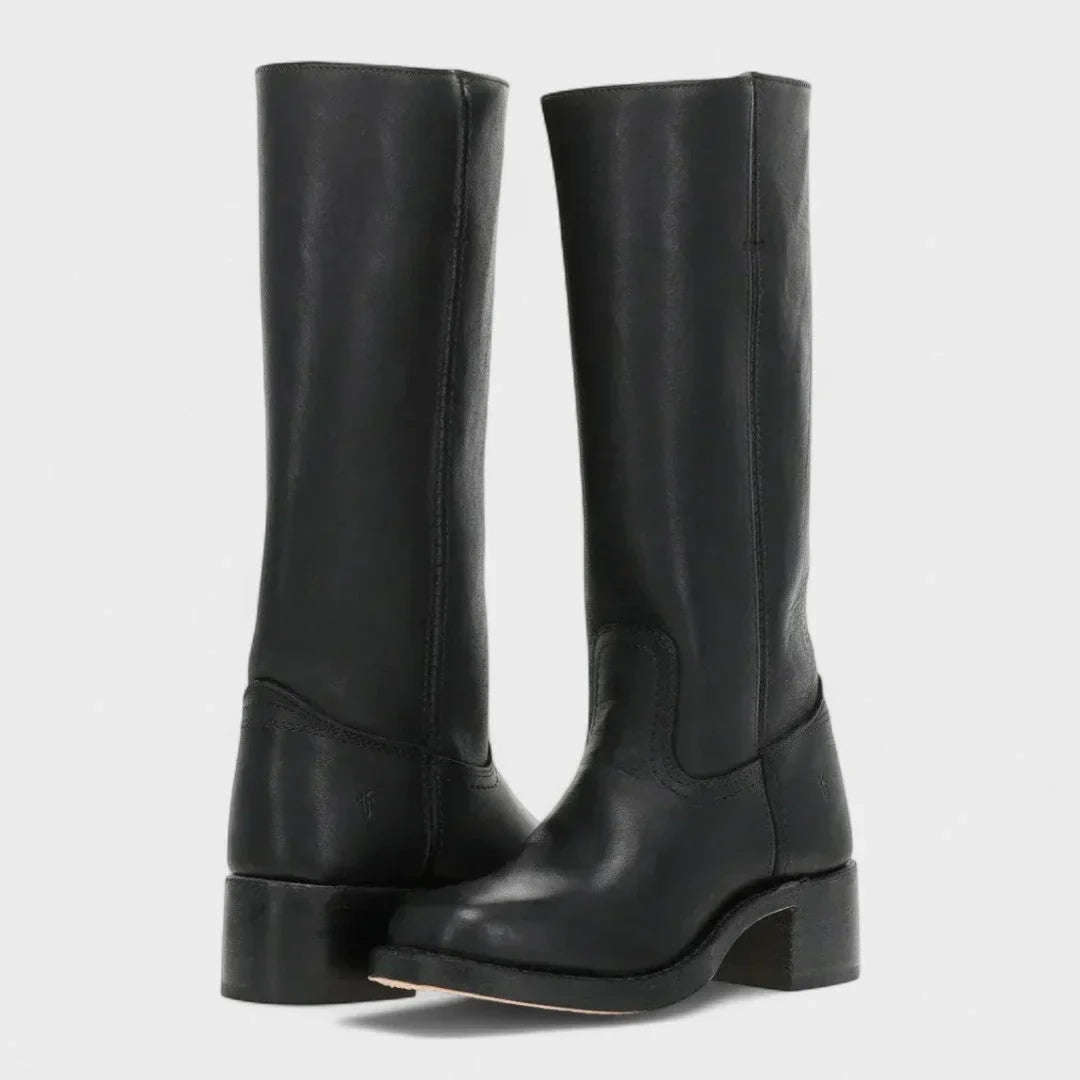 Women's faux leather knee high boots with stacked block heel