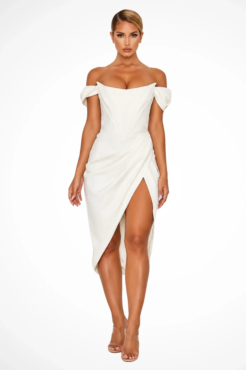 Tamsin | Women's Off Shoulder Wrap Wedding Guest Midi Dress with Side Slit