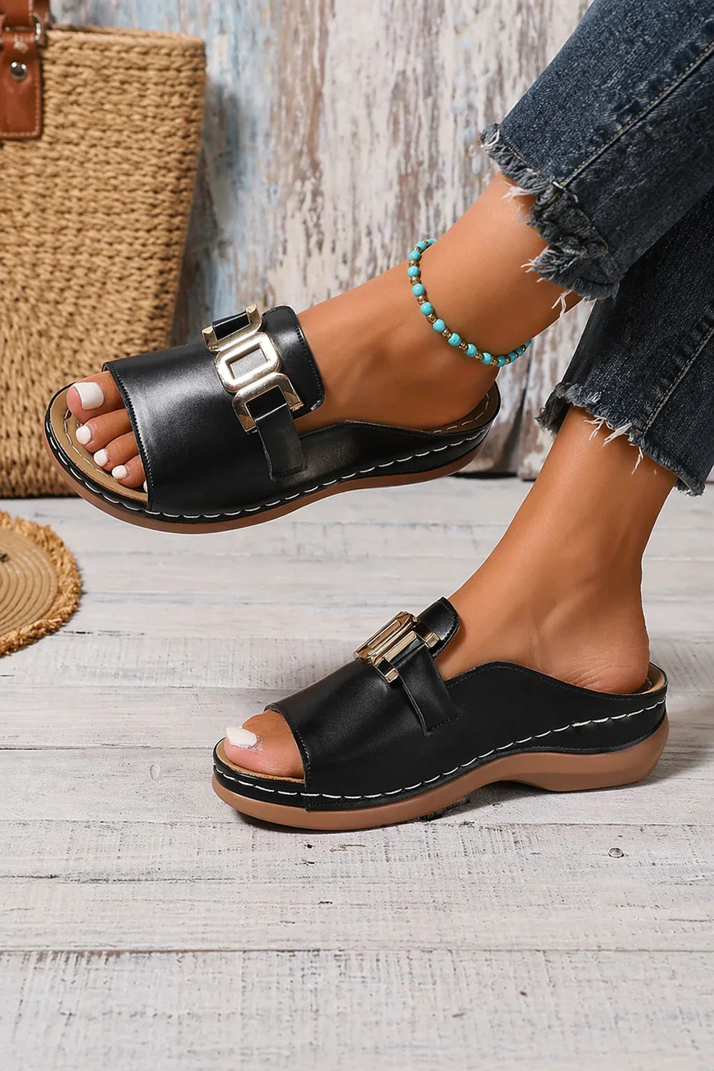 Tara | Women's Platform Slip On Open Toe Sandals with Chain Accent