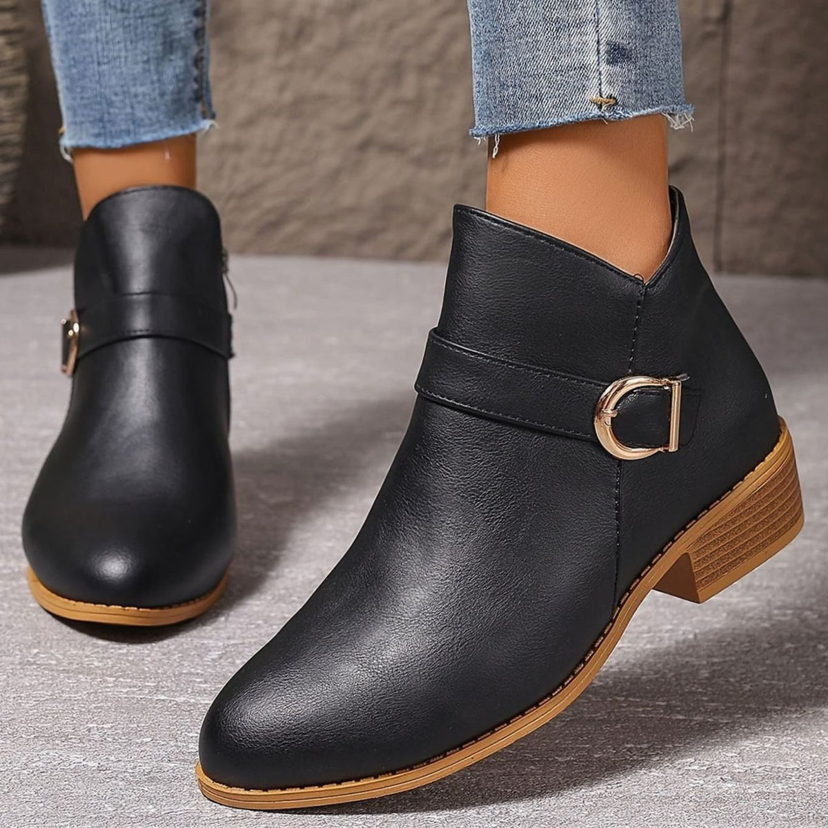 Tatiana - Women's Buckled Ankle Boots with Side Zip