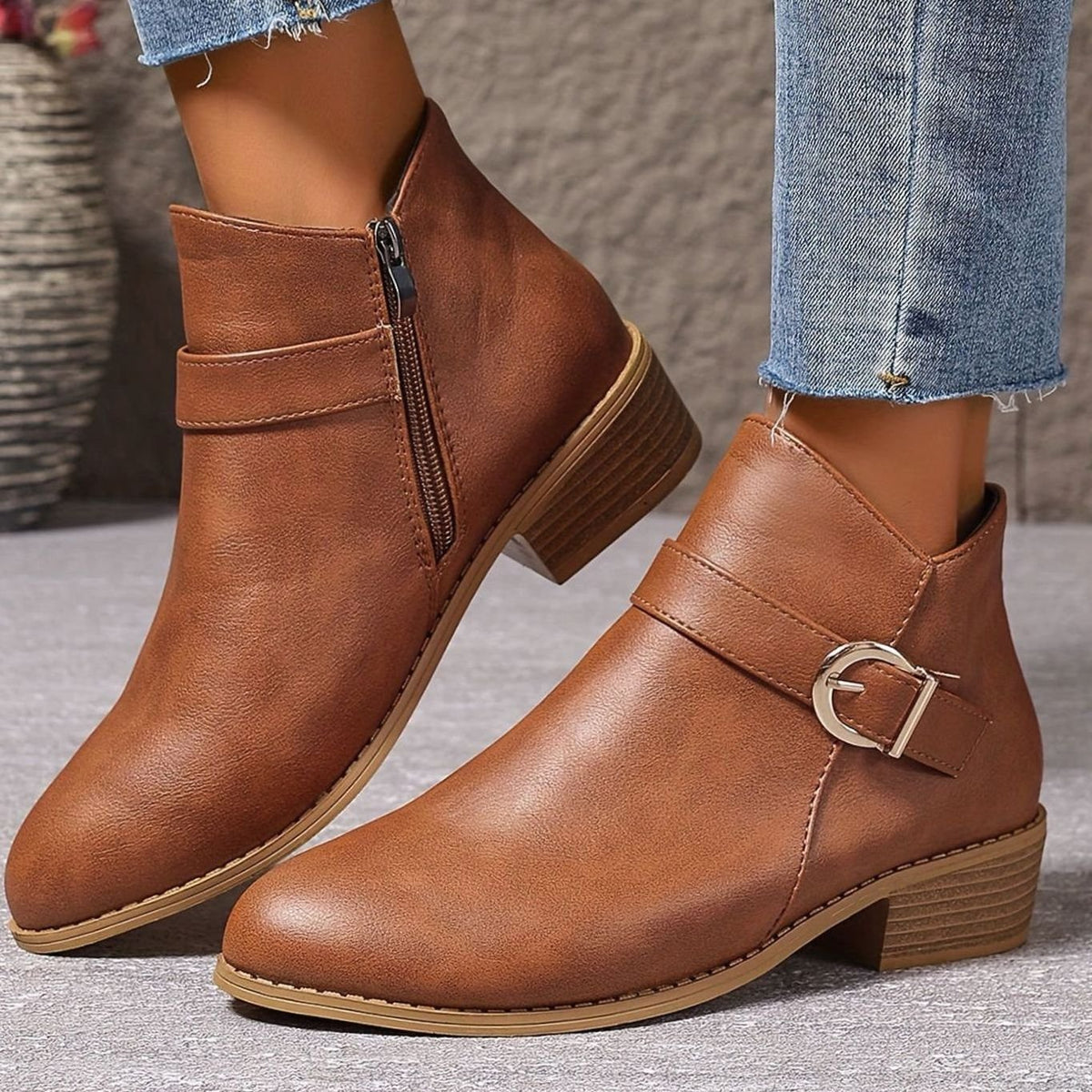 Tatiana - Women's Buckled Ankle Boots with Side Zip