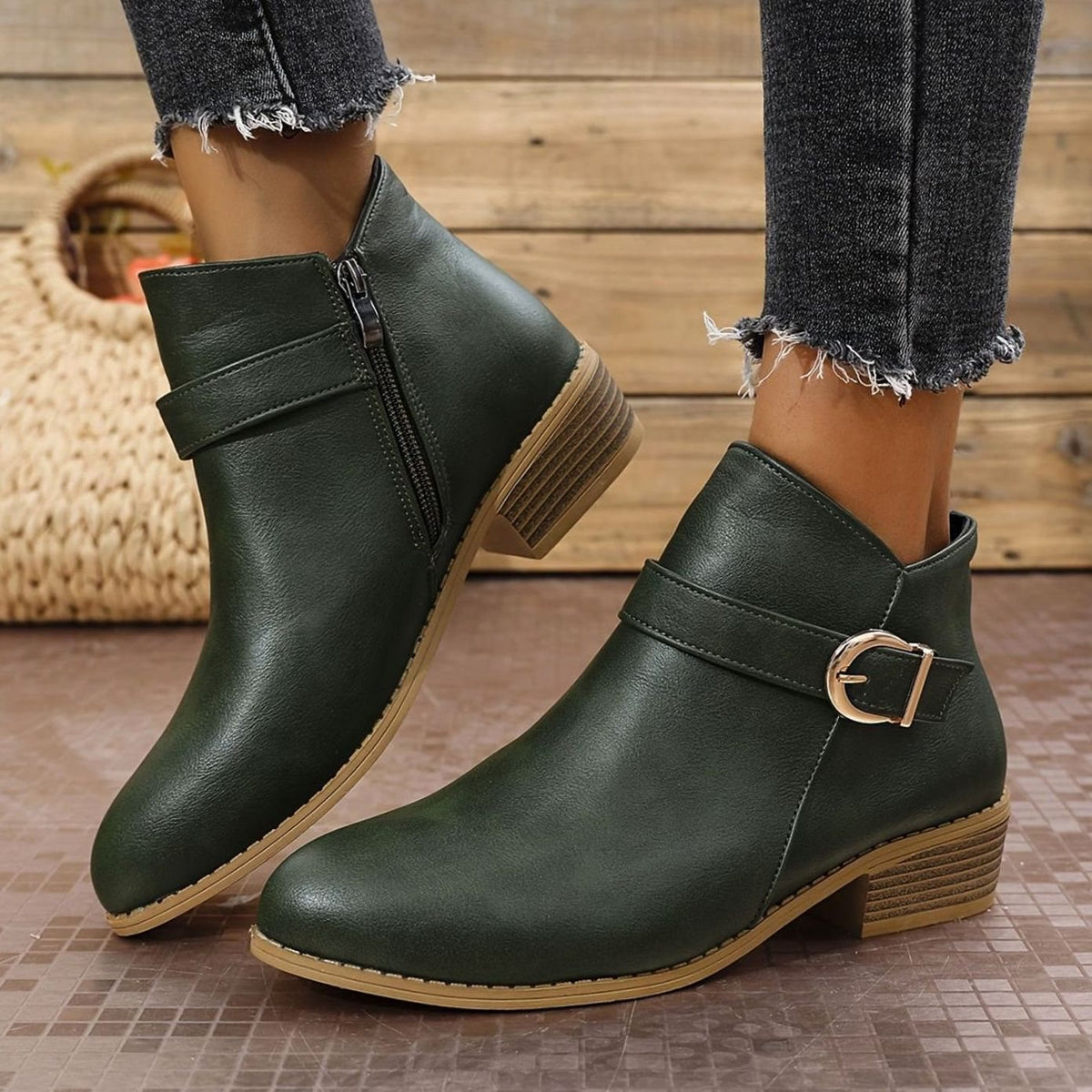 Tatiana - Women's Buckled Ankle Boots with Side Zip