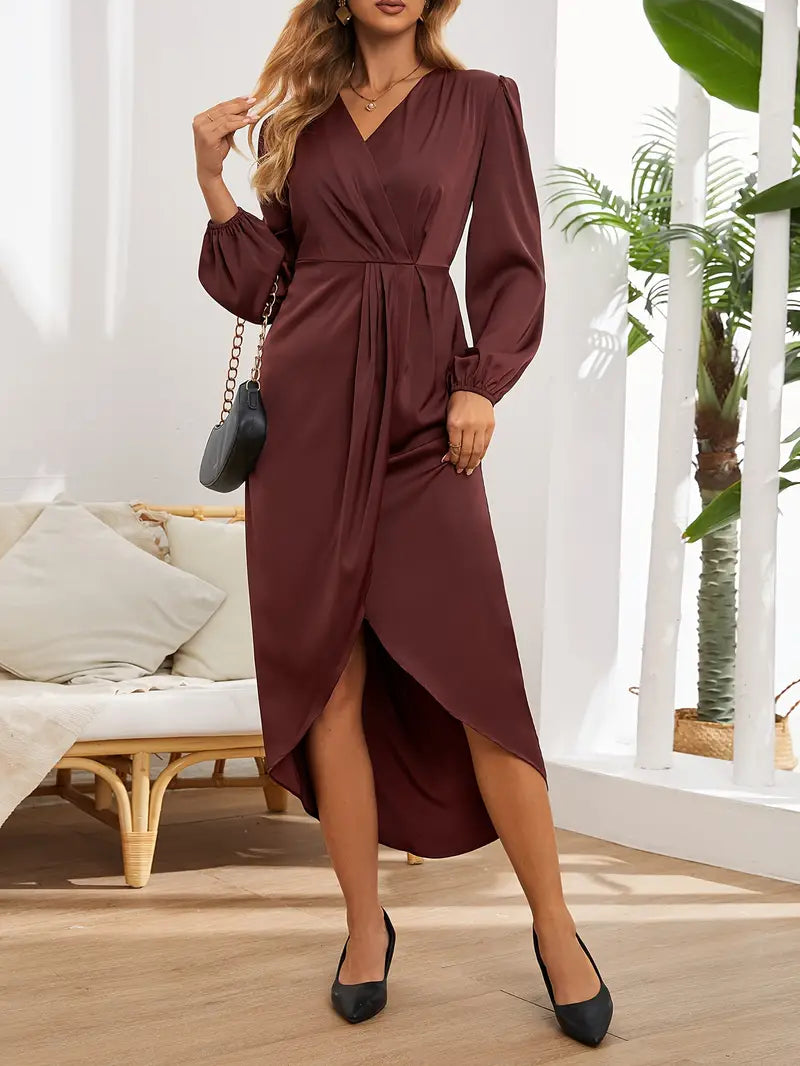 Women's Midi Wrap Dress with an Adjustable Waist Belt | V Neck and Long Sleeves in Burgundy | Size XS-2XL