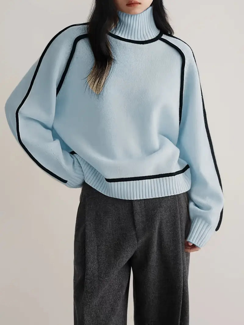 Thessaly | Women's Turtleneck Sweater with Contrast Piping — Oversized Cream Knit Pullover | Westmere