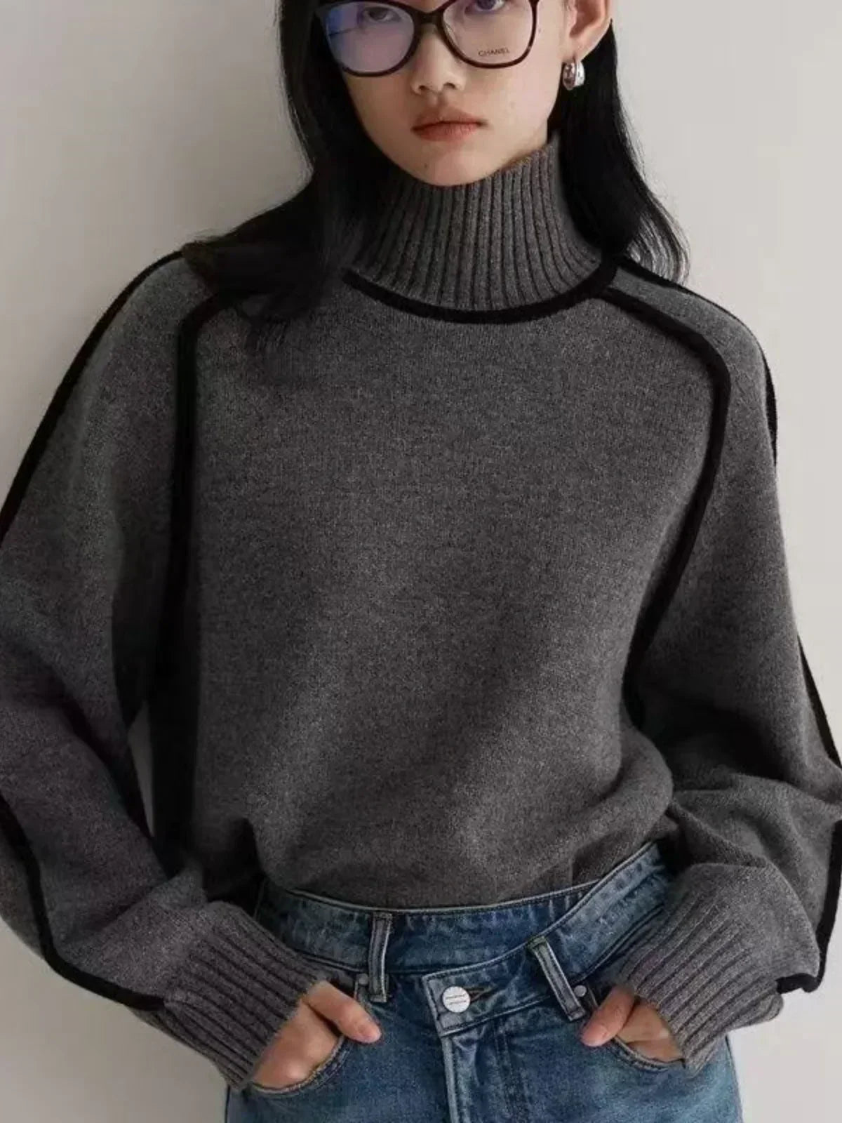 Thessaly | Women's Turtleneck Sweater with Contrast Piping — Oversized Cream Knit Pullover | Westmere