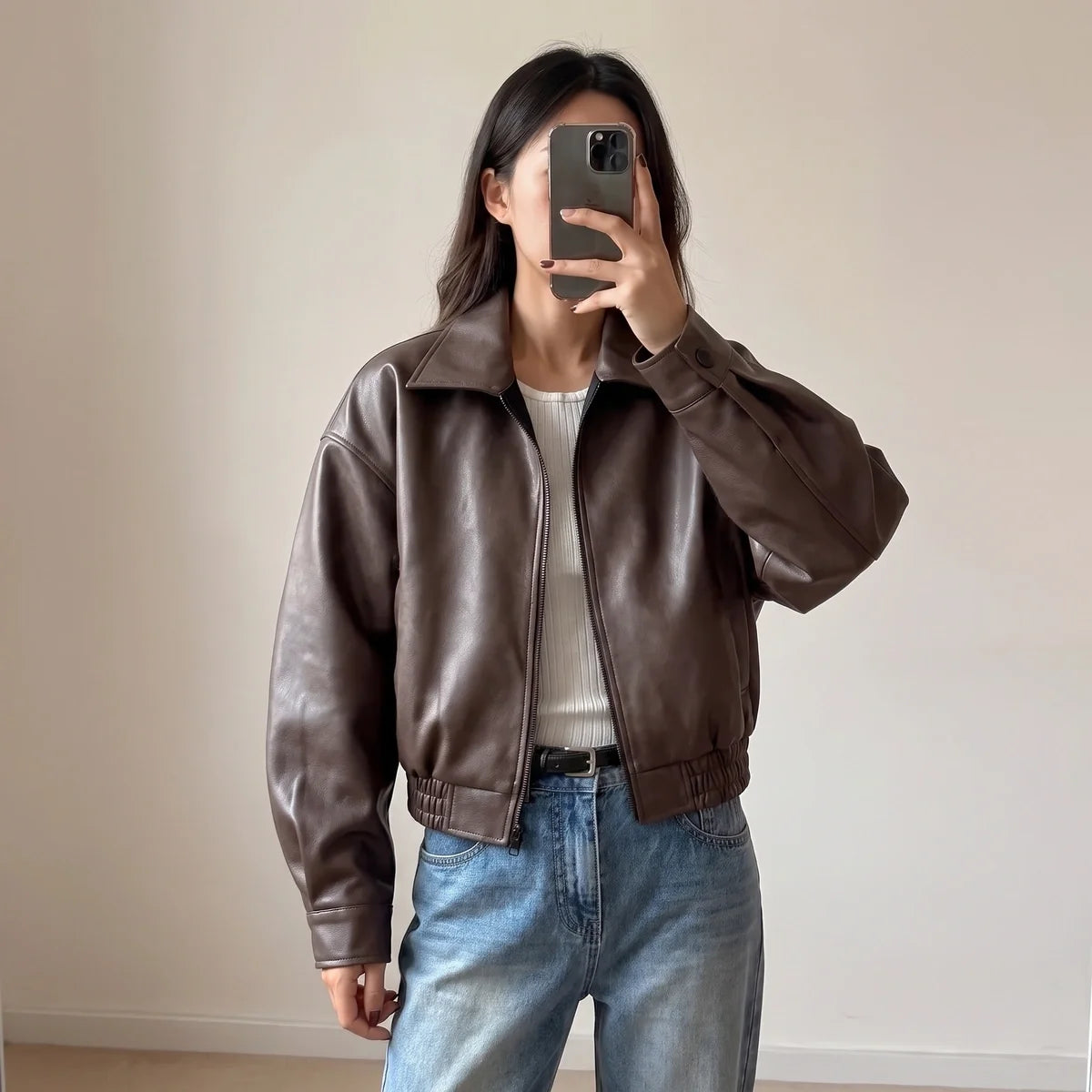 Thomasin Cropped Leather Bomber