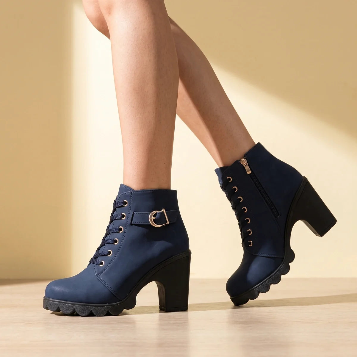 Thora Lace Up Buckle Block Heel Ankle Boots