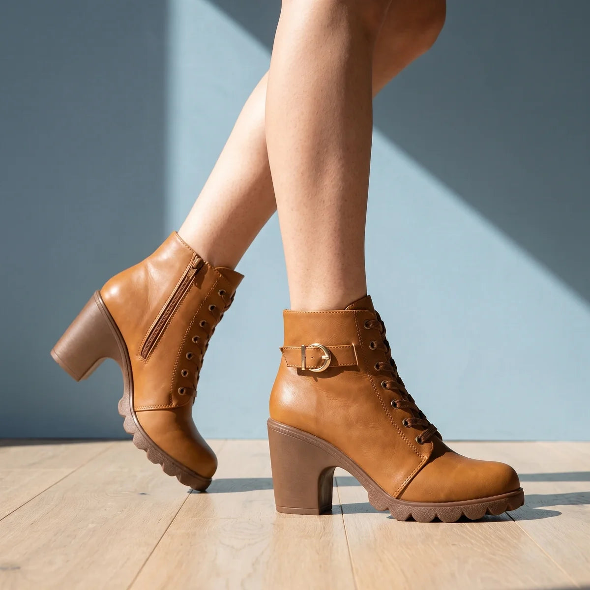 Thora Lace Up Buckle Block Heel Ankle Boots