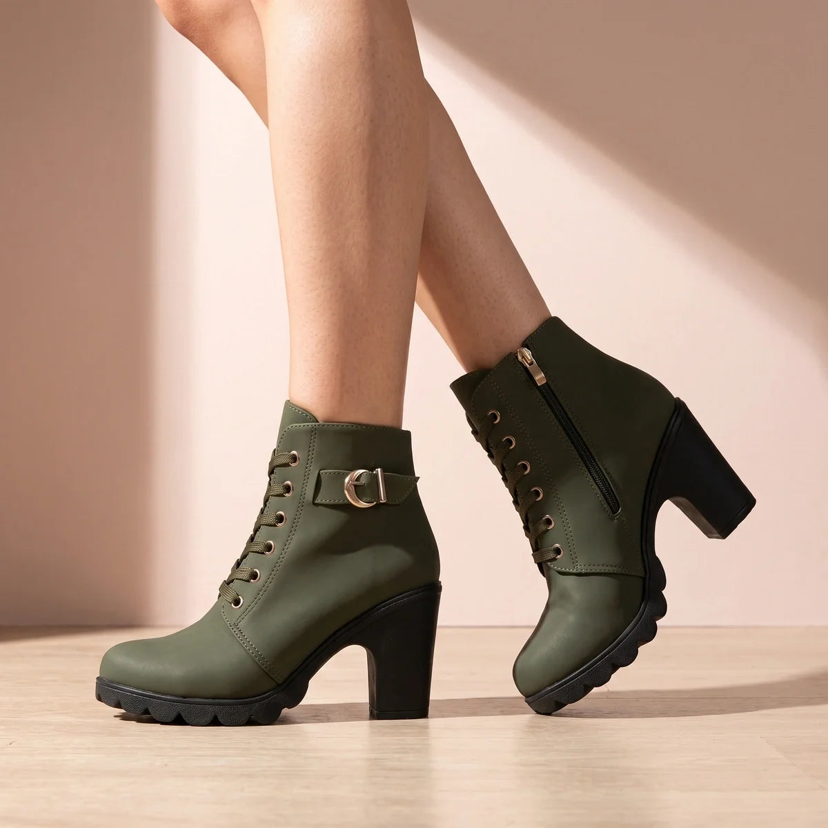 Thora Lace Up Buckle Block Heel Ankle Boots