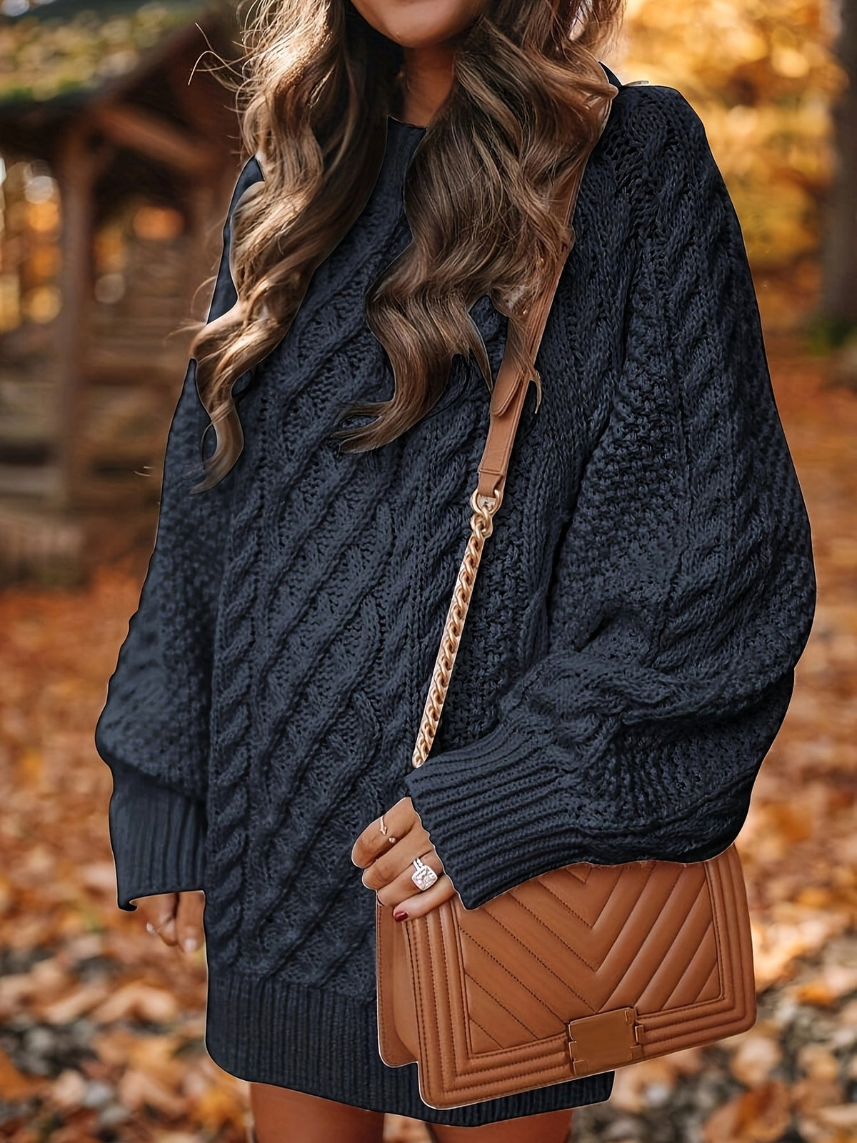 Women's Oversized Cable Knit Sweater Dress | Mini Length, Dropped Shoulders, Ribbed Hem | Sizes S-XL in Black