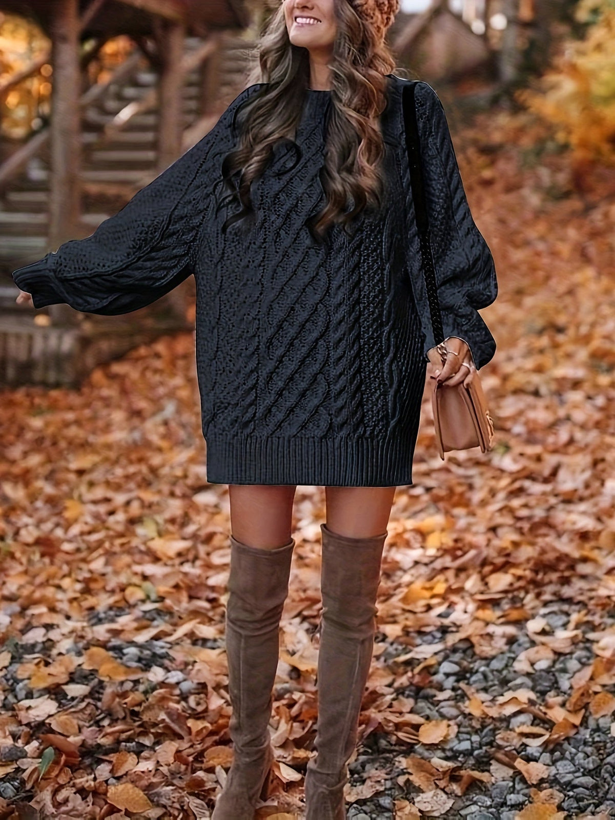 Women's Oversized Cable Knit Sweater Dress | Mini Length, Dropped Shoulders, Ribbed Hem | Sizes S-XL in Black