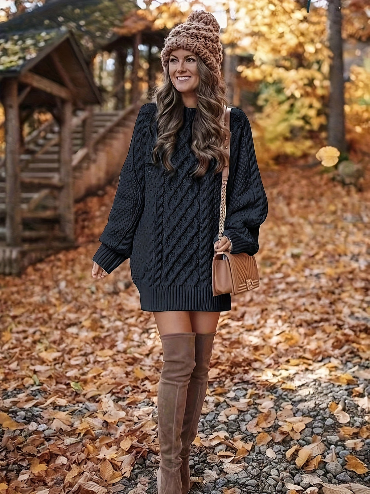 Women's Oversized Cable Knit Sweater Dress | Mini Length, Dropped Shoulders, Ribbed Hem | Sizes S-XL in Black