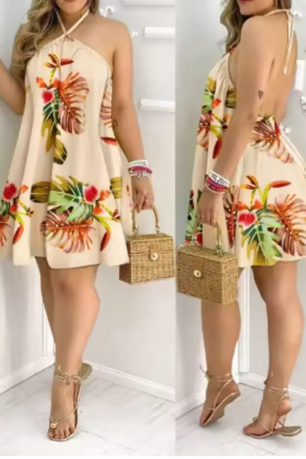 Tilly | Women's Halter Neck Floral Mini Dress with Tie Back