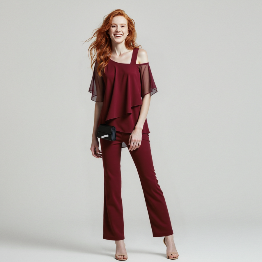 Women's Cold Shoulder Pants Set – Asymmetrical Top & Tailored Trousers