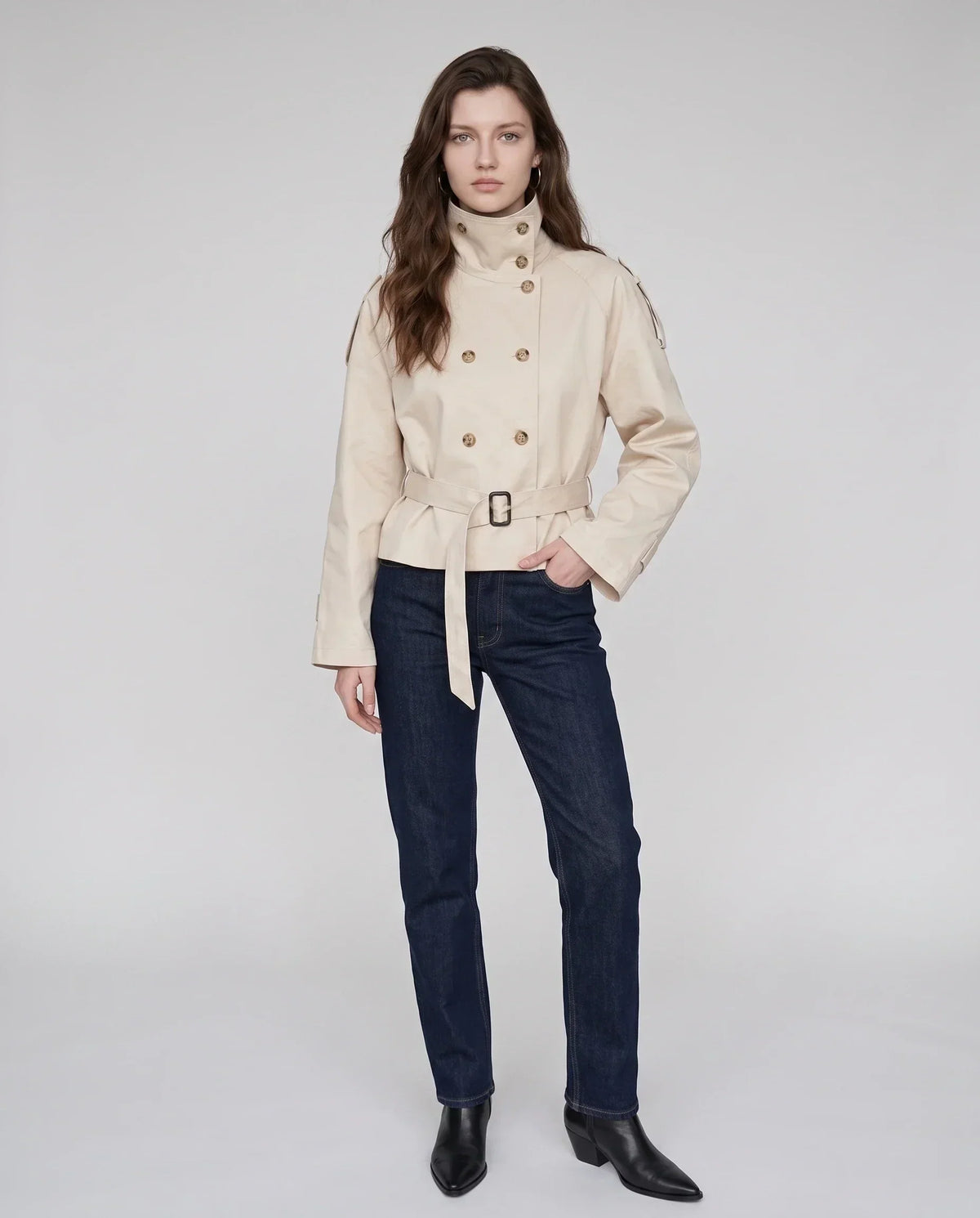 Women's Short Trench Jacket, High Collar, Double Breasted