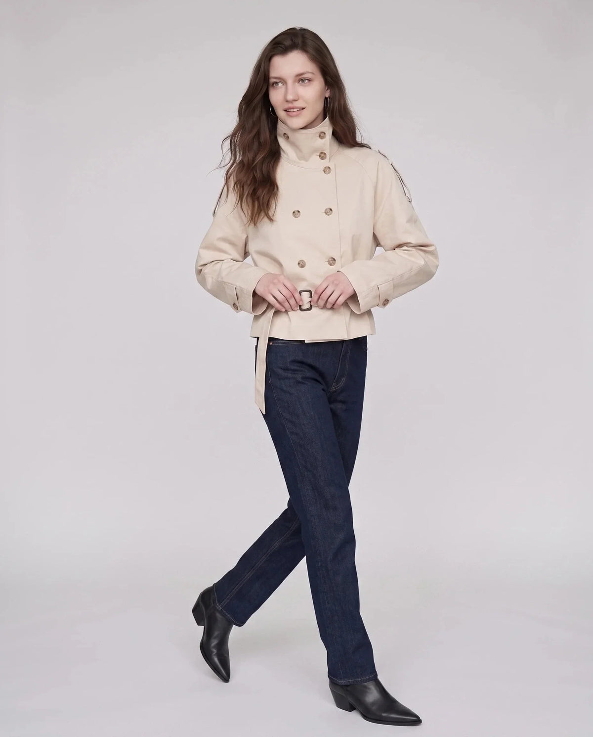 Women's Short Trench Jacket, High Collar, Double Breasted