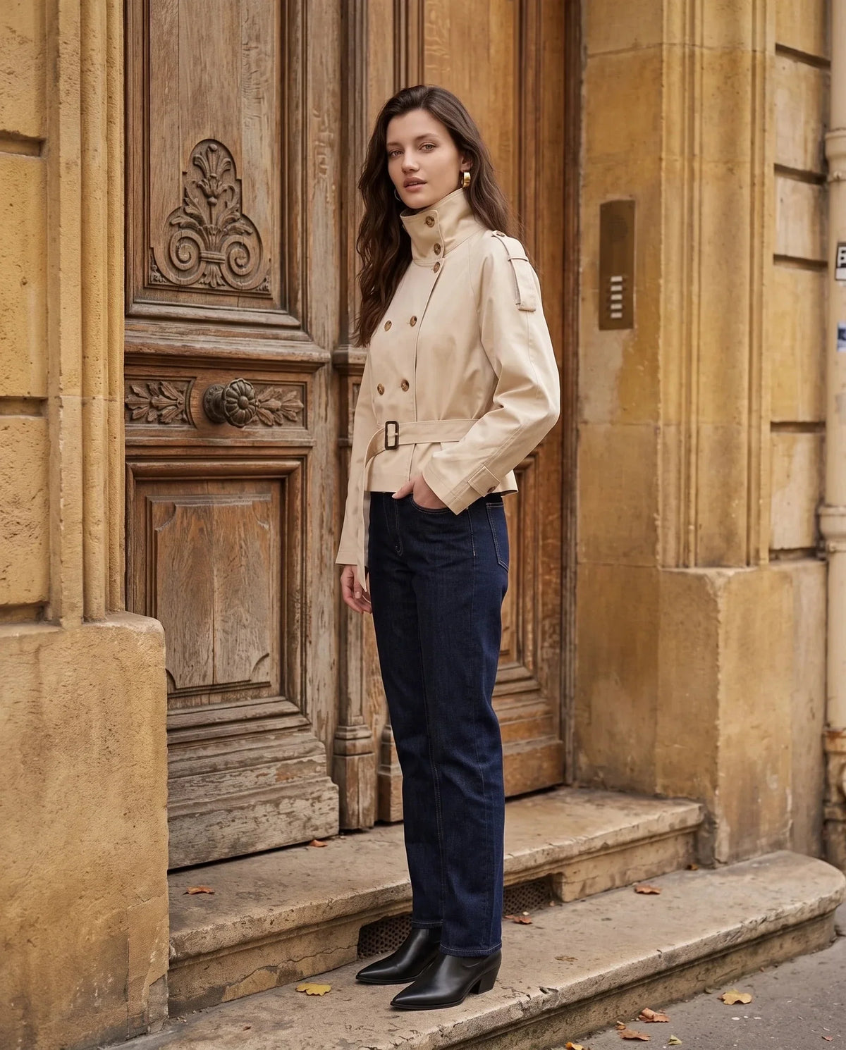 Women's Short Trench Jacket, High Collar, Double Breasted