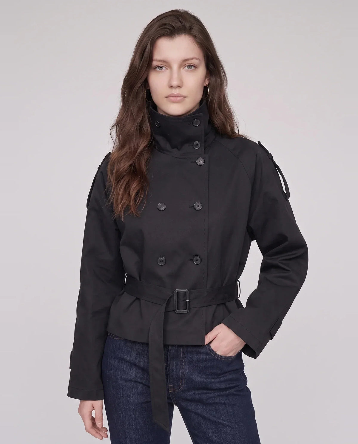 Women's Short Trench Jacket, High Collar, Double Breasted