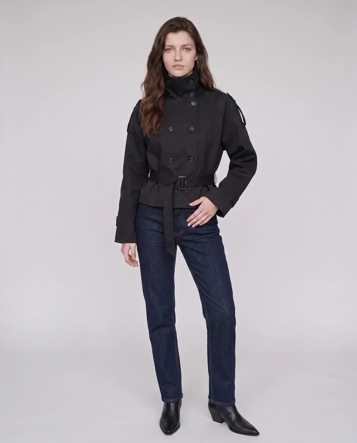 Women's Short Trench Jacket, High Collar, Double Breasted