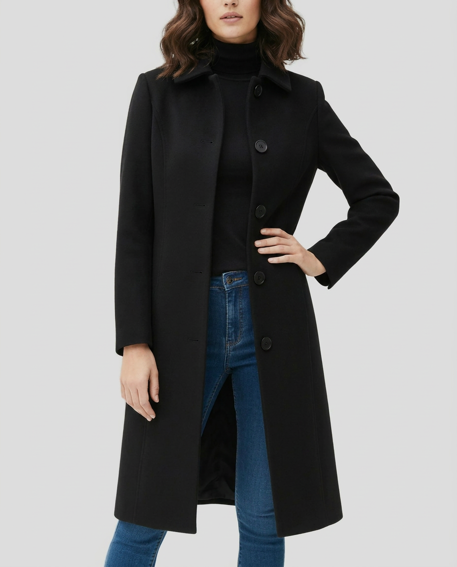 Tonya | Womens Long Trench Coat, Single-Breasted | Shirt Collar, Straight Cut, Long Sleeves | Black, Dark Blue, Red S-3XL