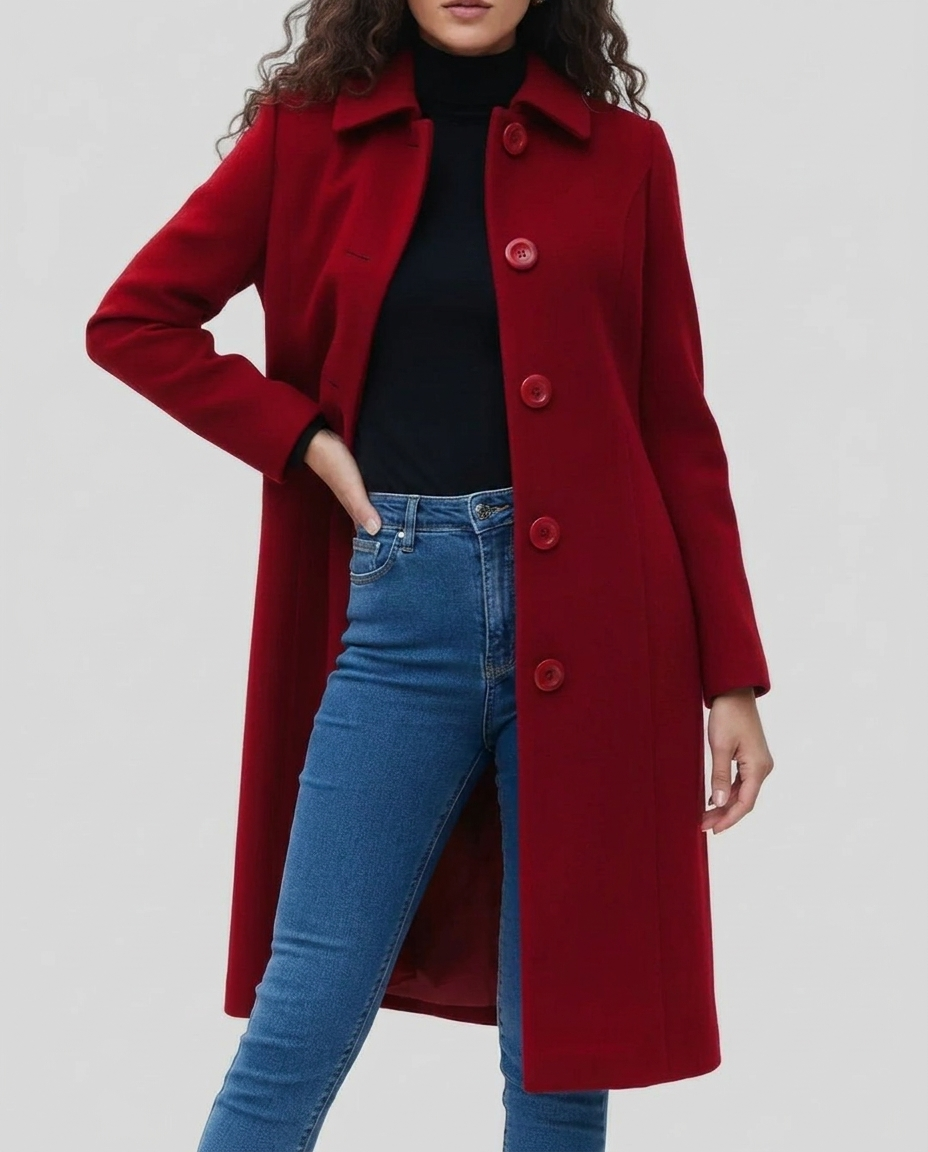 Tonya | Womens Long Trench Coat, Single-Breasted | Shirt Collar, Straight Cut, Long Sleeves | Black, Dark Blue, Red S-3XL