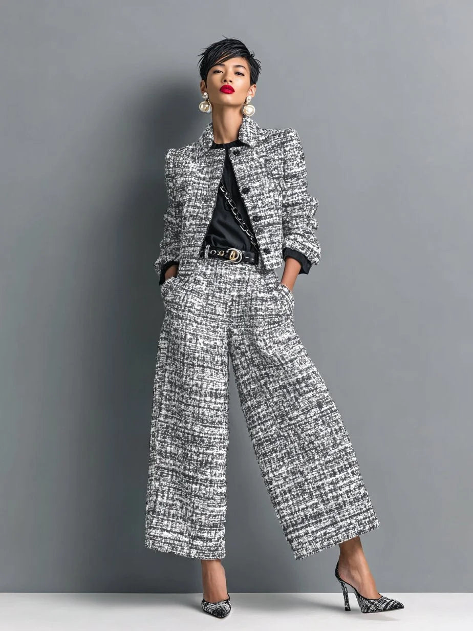 Women's check tweed button-front two piece set