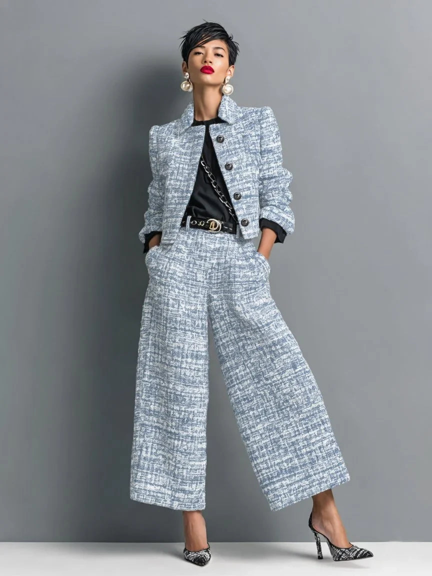 Women's check tweed button-front two piece set